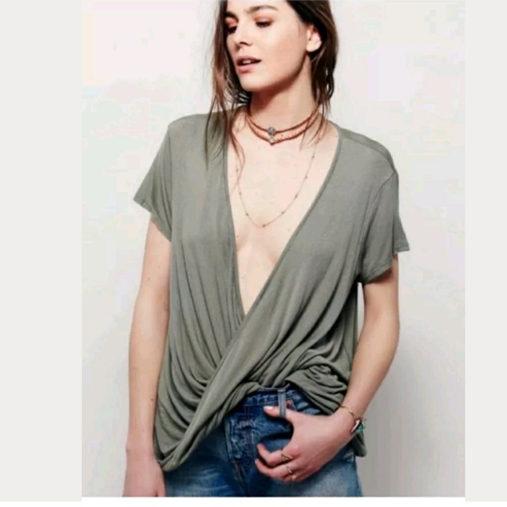 NWT Free People Hoffman Surplice Tee in Green